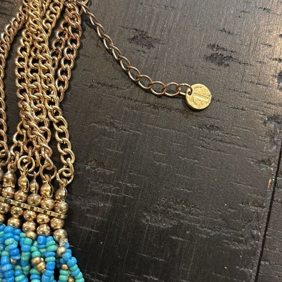 Talbots Seedbead Gold Tone Turquoise Blue Multi Strand Necklace Boho Classy - Picture 3 of 9